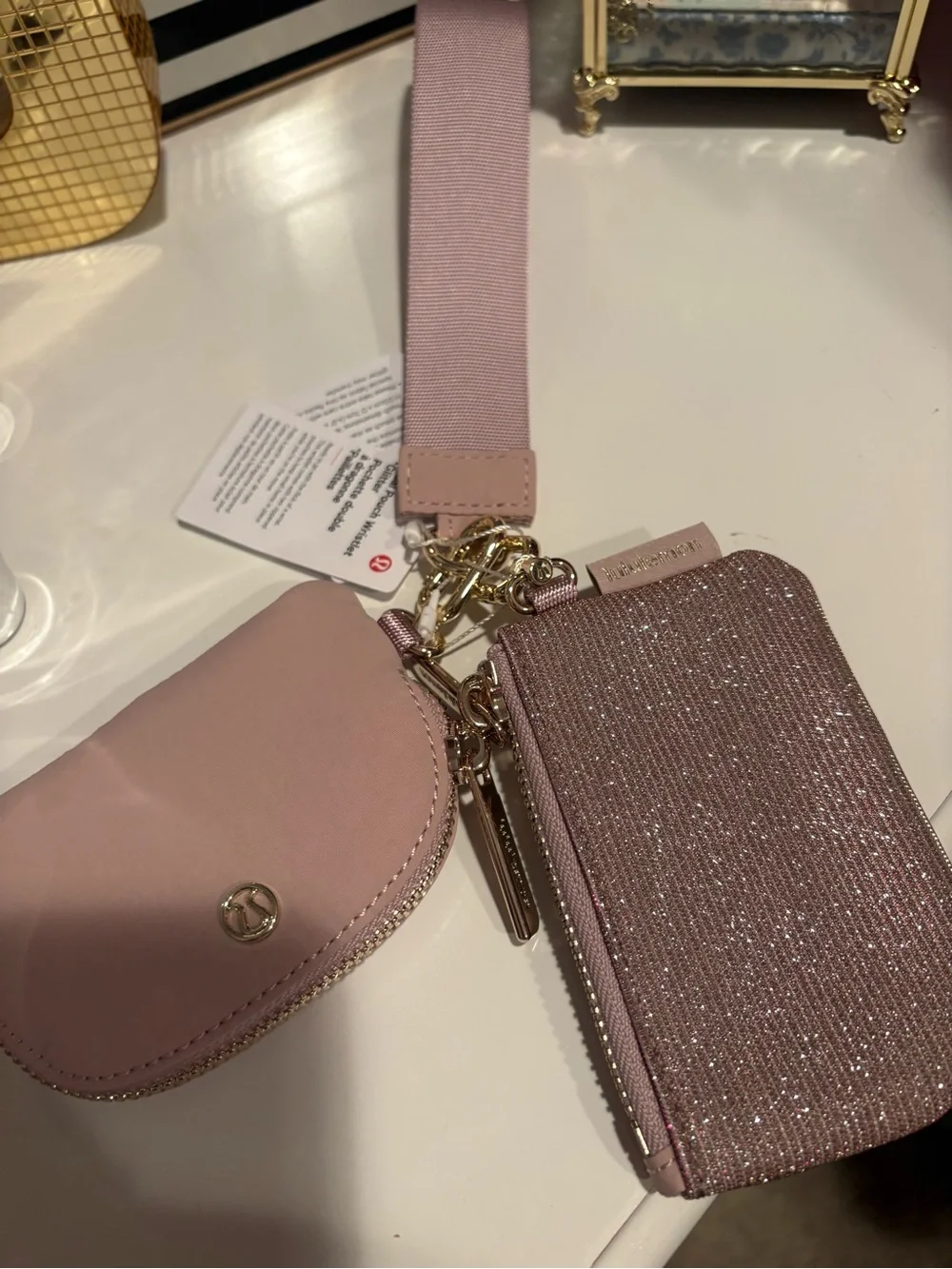 Lululemon Pink Wristlet Keychain Duo with Sparkle Pouch